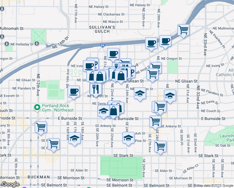 map of restaurants, bars, coffee shops, grocery stores, and more near 2225 Northeast Everett Street in Portland