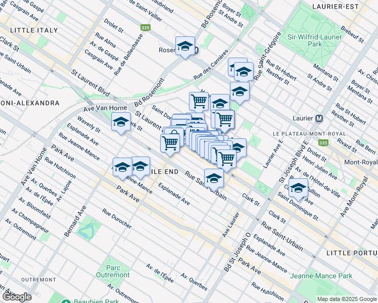 map of restaurants, bars, coffee shops, grocery stores, and more near in Montreal