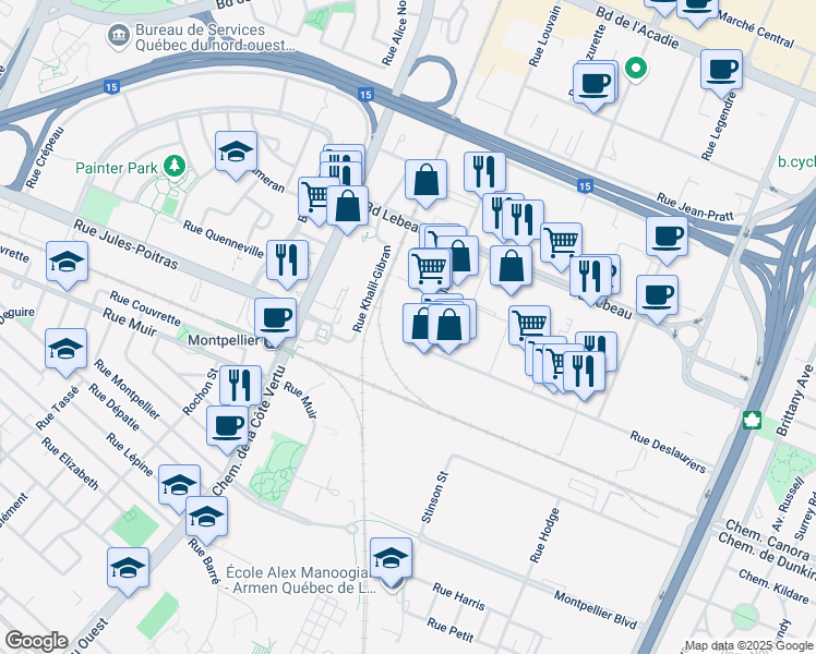 map of restaurants, bars, coffee shops, grocery stores, and more near in Montreal