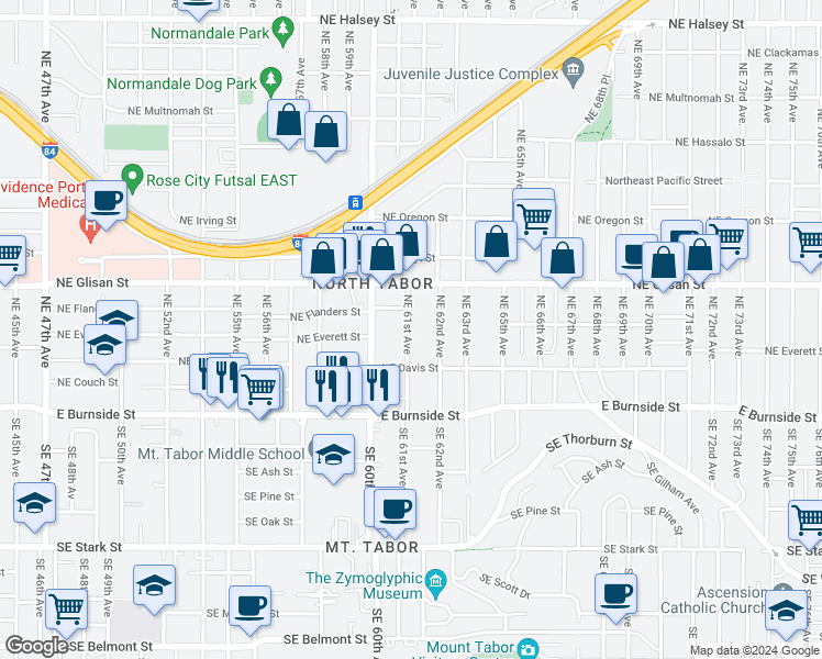 map of restaurants, bars, coffee shops, grocery stores, and more near 312 Northeast 61st Avenue in Portland