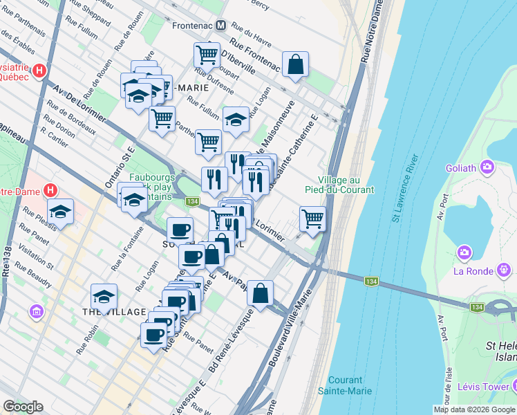 map of restaurants, bars, coffee shops, grocery stores, and more near 2120 Rue Sainte-Catherine Est in Montréal