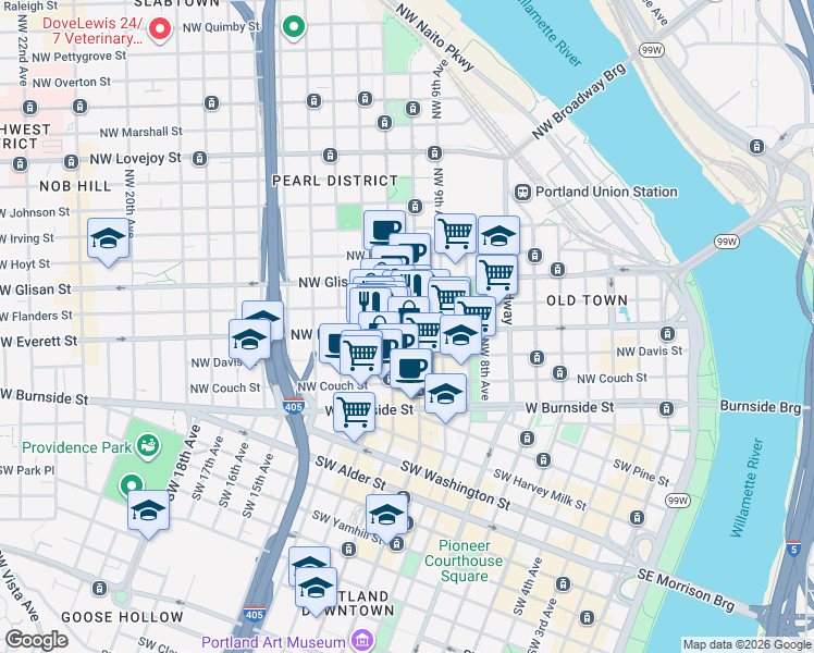 map of restaurants, bars, coffee shops, grocery stores, and more near 1122 Northwest Everett Street in Portland