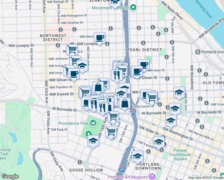 map of restaurants, bars, coffee shops, grocery stores, and more near 1731 Northwest Everett Street in Portland