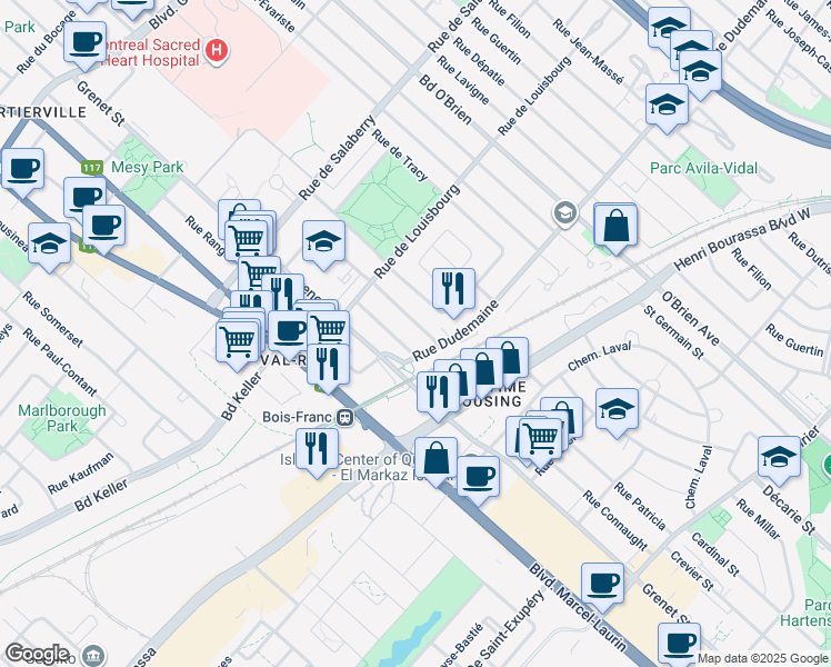 map of restaurants, bars, coffee shops, grocery stores, and more near 11774 Rue Michel Sarrazin in Montréal
