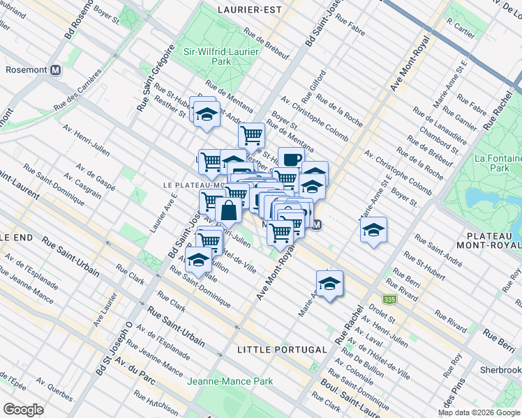 map of restaurants, bars, coffee shops, grocery stores, and more near in Montreal