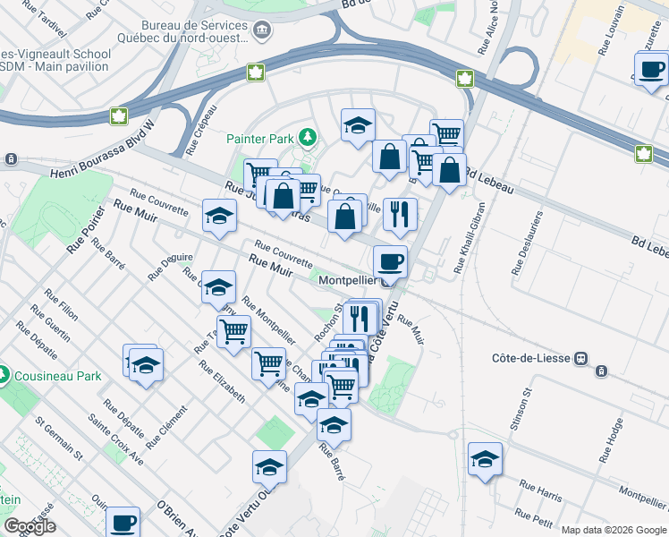 map of restaurants, bars, coffee shops, grocery stores, and more near 1247 Rue Couvrette in Montréal