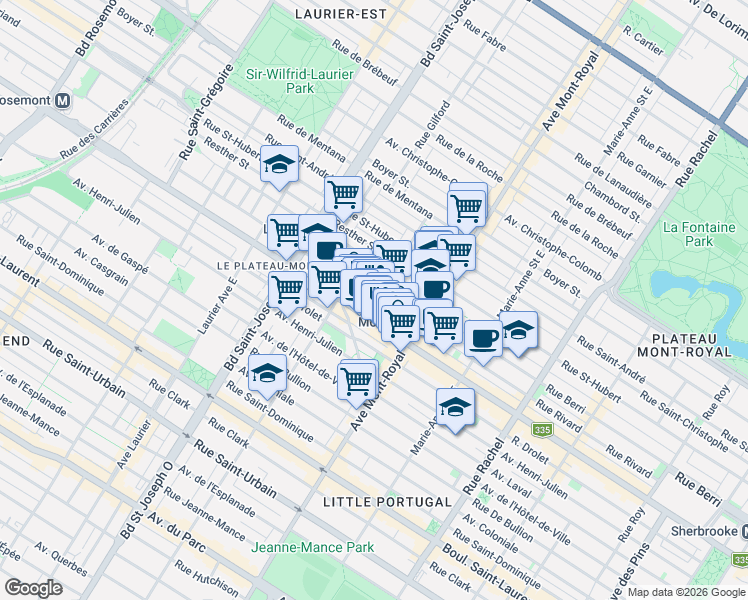 map of restaurants, bars, coffee shops, grocery stores, and more near 5400 Avenue Henri-Julien in Montréal