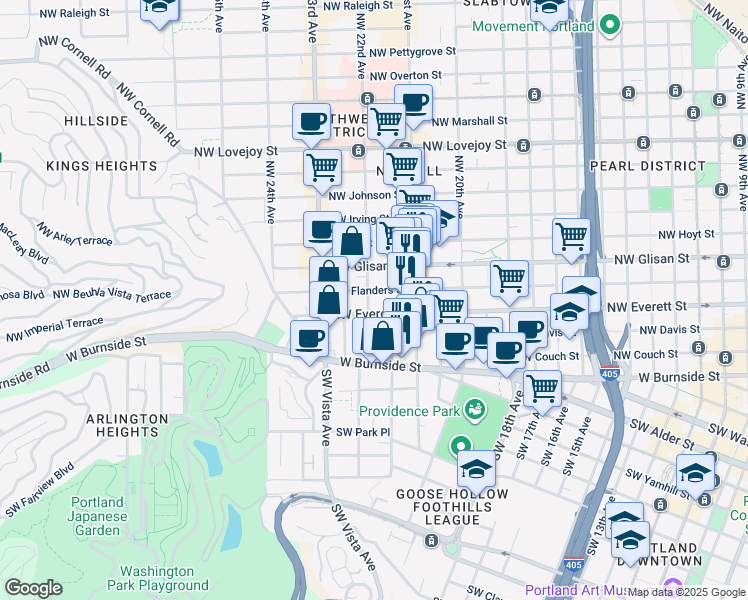 map of restaurants, bars, coffee shops, grocery stores, and more near 322 Northwest 22nd Avenue in Portland