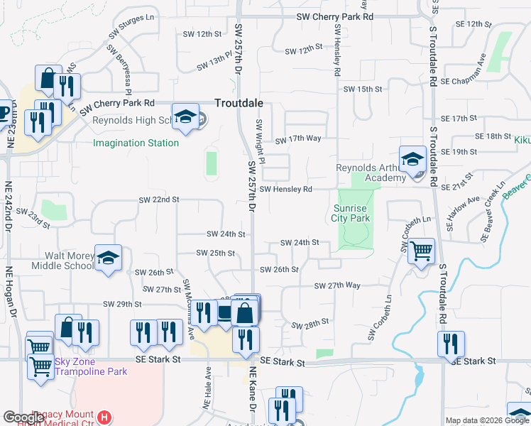 map of restaurants, bars, coffee shops, grocery stores, and more near 2350 Southwest 257th Drive in Troutdale