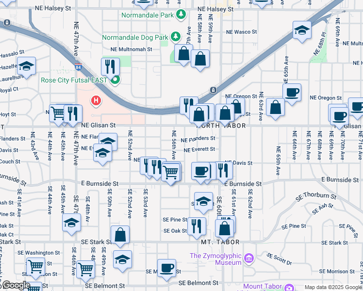 map of restaurants, bars, coffee shops, grocery stores, and more near 319 Northeast 57th Avenue in Portland