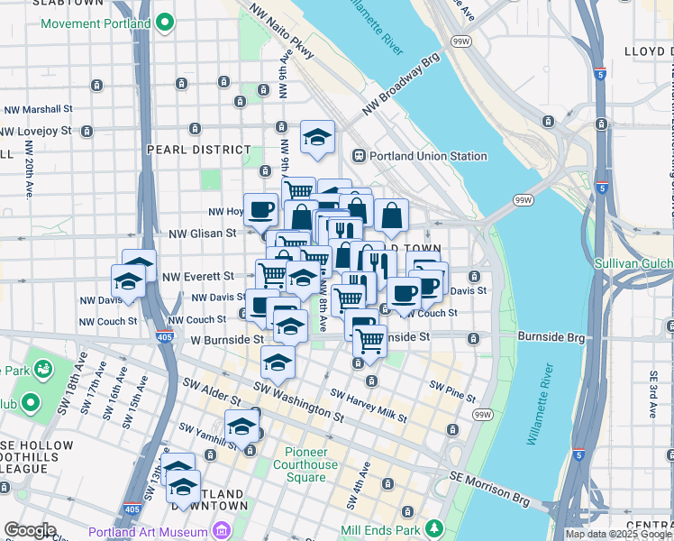 map of restaurants, bars, coffee shops, grocery stores, and more near 707 Northwest Everett Street in Portland