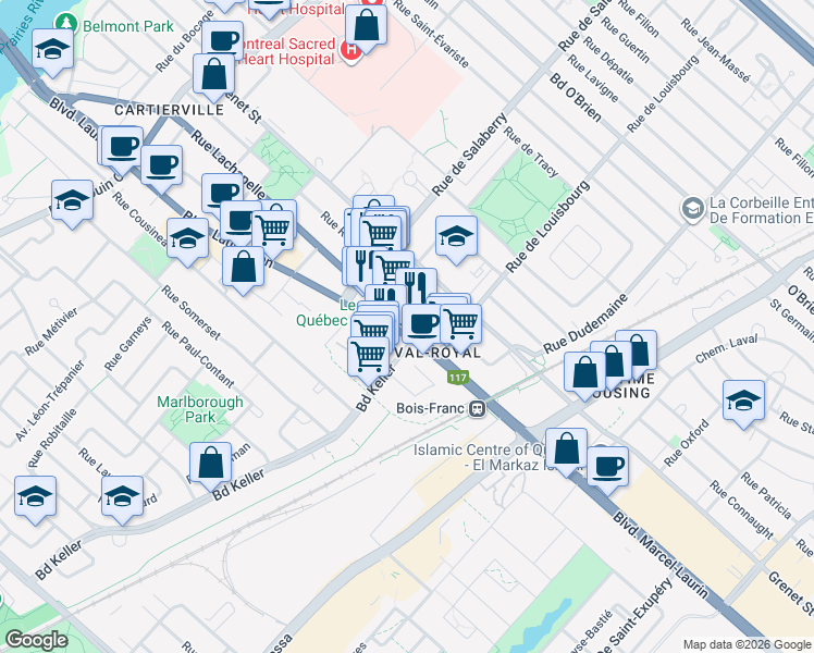 map of restaurants, bars, coffee shops, grocery stores, and more near 11900 Rue Dulongpré in Montréal