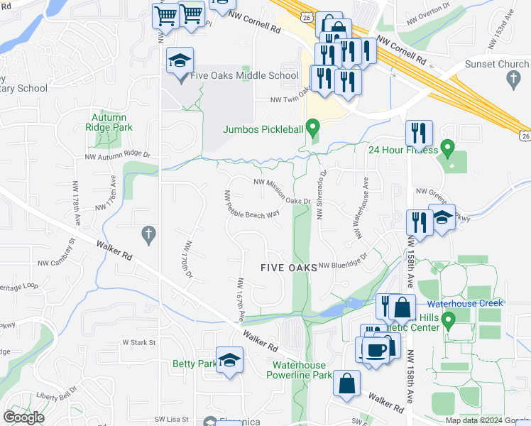 map of restaurants, bars, coffee shops, grocery stores, and more near 16655 Northwest Pebble Beach Way in Beaverton