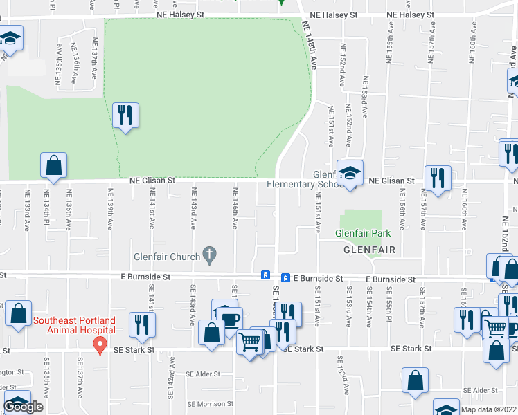 map of restaurants, bars, coffee shops, grocery stores, and more near 14704 Northeast Flanders Street in Portland