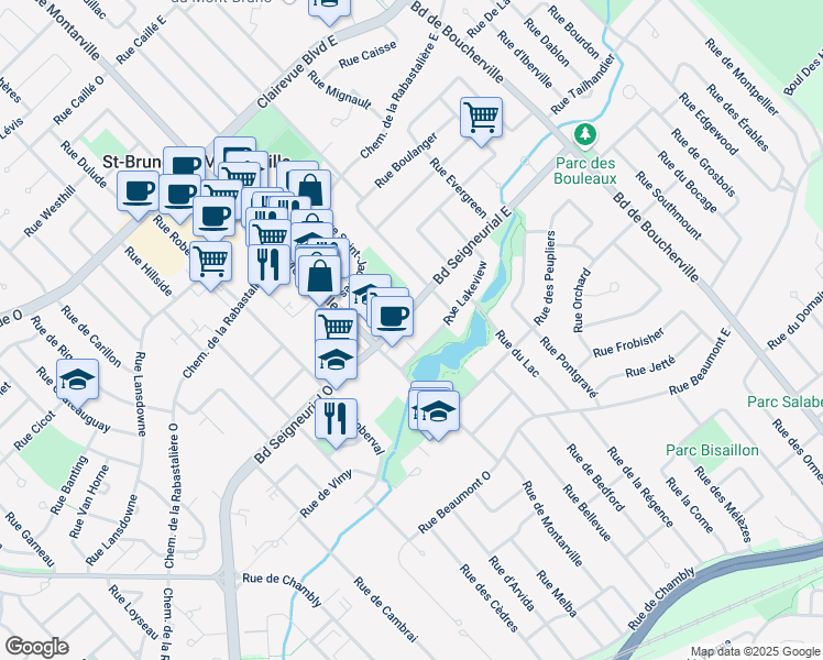 map of restaurants, bars, coffee shops, grocery stores, and more near 28 Boulevard Seigneurial Est in Saint-Bruno-de-Montarville