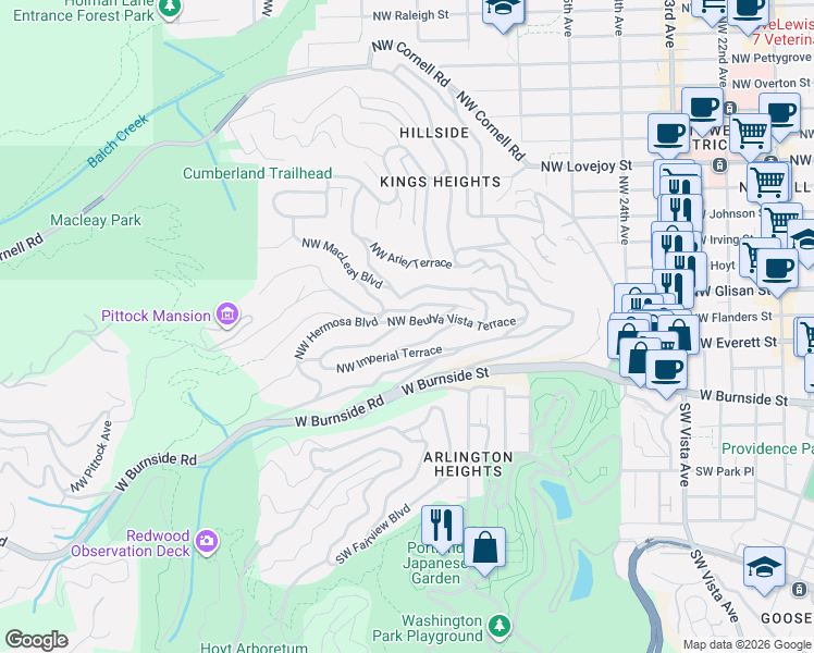 map of restaurants, bars, coffee shops, grocery stores, and more near 2850 Northwest Verde Vista Terrace in Portland