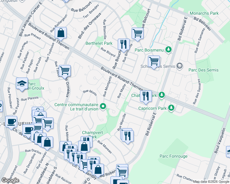 map of restaurants, bars, coffee shops, grocery stores, and more near 692 Rue Mondor in Longueuil