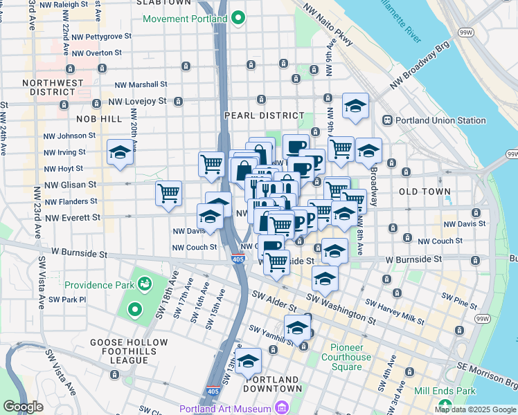 map of restaurants, bars, coffee shops, grocery stores, and more near 234 Northwest 14th Avenue in Portland