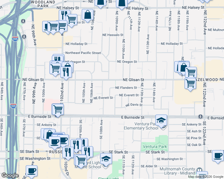 map of restaurants, bars, coffee shops, grocery stores, and more near 356 Northeast 108th Place in Portland