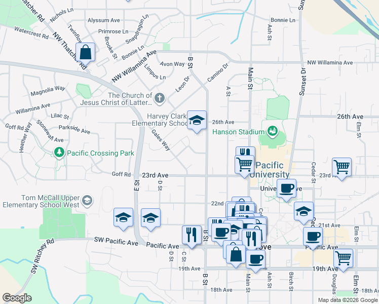 map of restaurants, bars, coffee shops, grocery stores, and more near 1756 Covey Run Drive in Forest Grove
