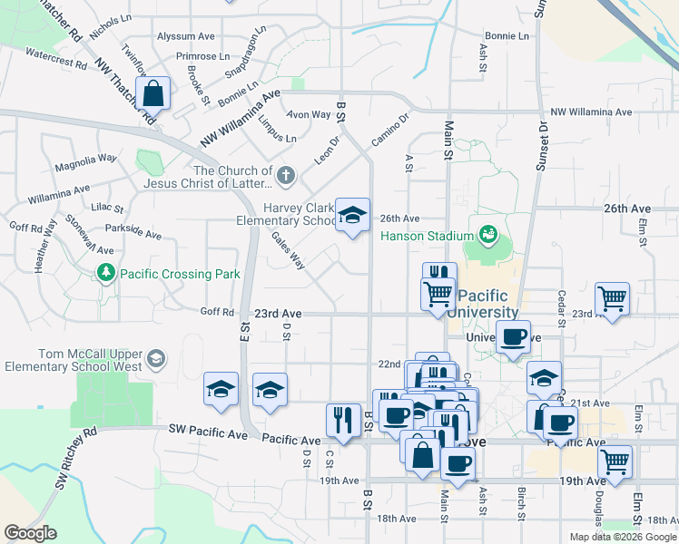 map of restaurants, bars, coffee shops, grocery stores, and more near 1756 Covey Run Drive in Forest Grove