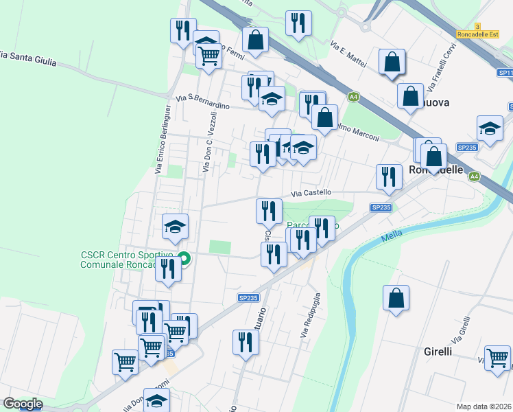 map of restaurants, bars, coffee shops, grocery stores, and more near 18 Via Castello in Roncadelle