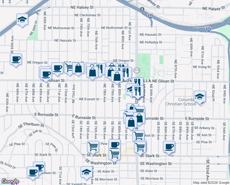 map of restaurants, bars, coffee shops, grocery stores, and more near 322 Northeast 80th Avenue in Portland