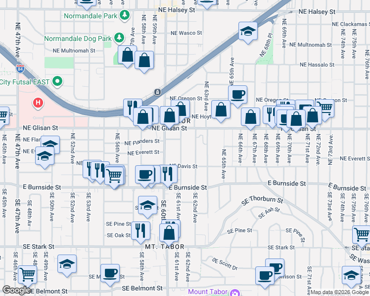 map of restaurants, bars, coffee shops, grocery stores, and more near 245 Northeast 61st Avenue in Portland