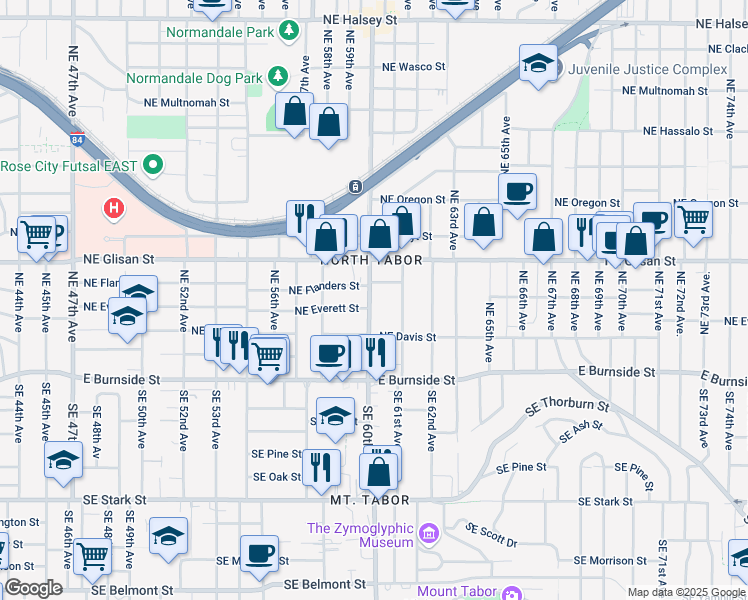 map of restaurants, bars, coffee shops, grocery stores, and more near 5932 Northeast Everett Street in Portland
