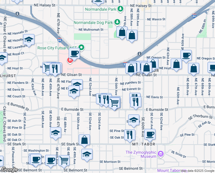 map of restaurants, bars, coffee shops, grocery stores, and more near 5525 Northeast Everett Street in Portland