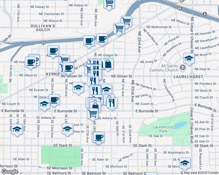 map of restaurants, bars, coffee shops, grocery stores, and more near in Portland