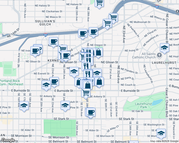 map of restaurants, bars, coffee shops, grocery stores, and more near 2810 Northeast Everett Street in Portland