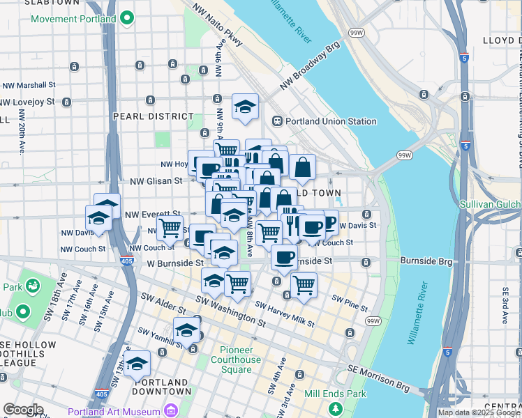 map of restaurants, bars, coffee shops, grocery stores, and more near 700 Northwest Everett Street in Portland