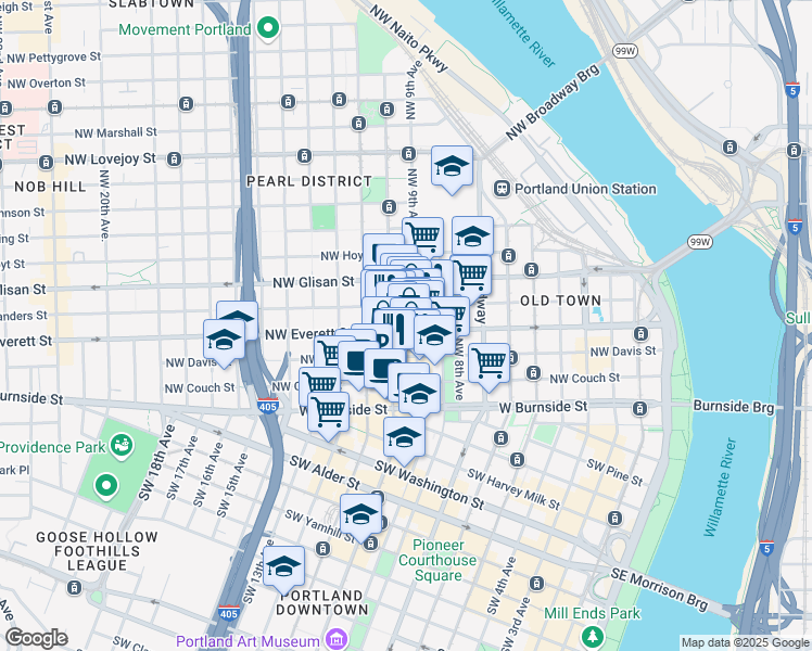 map of restaurants, bars, coffee shops, grocery stores, and more near 255 Northwest 9th Avenue in Portland