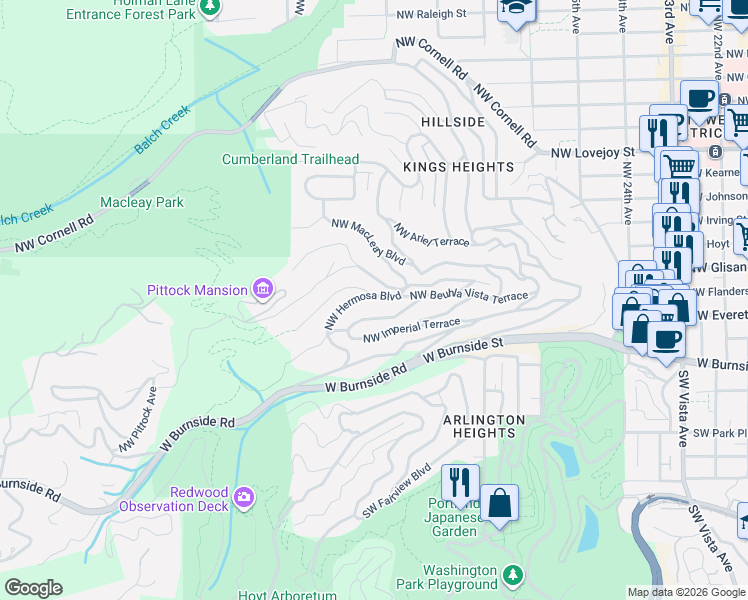map of restaurants, bars, coffee shops, grocery stores, and more near 2965 Northwest Verde Vista Terrace in Portland
