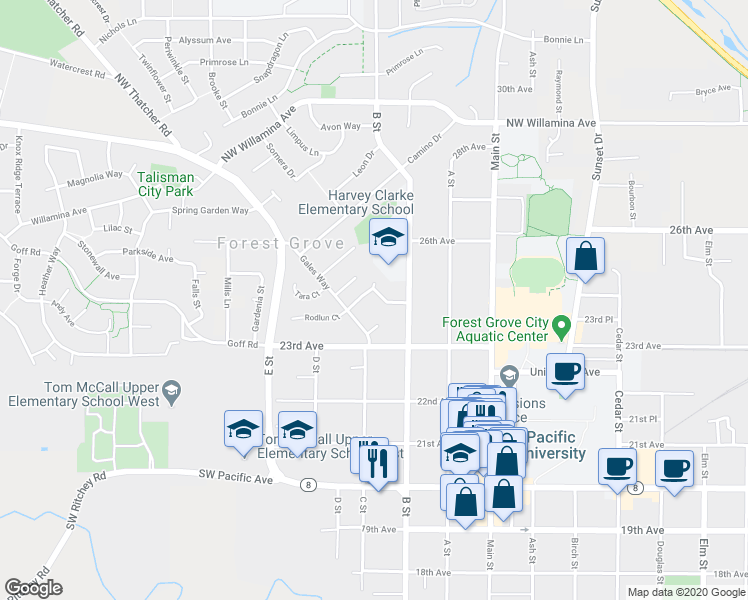 map of restaurants, bars, coffee shops, grocery stores, and more near 1774 Covey Run Drive in Forest Grove