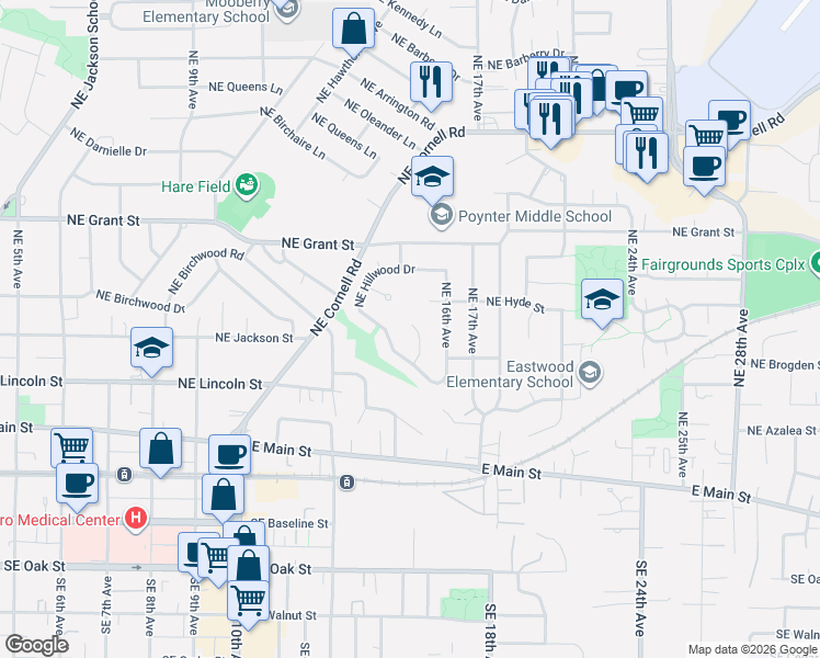 map of restaurants, bars, coffee shops, grocery stores, and more near 387 Northeast 15th Court in Hillsboro