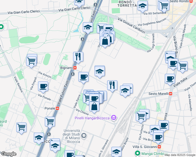 map of restaurants, bars, coffee shops, grocery stores, and more near 336 Viale Sarca in Milano