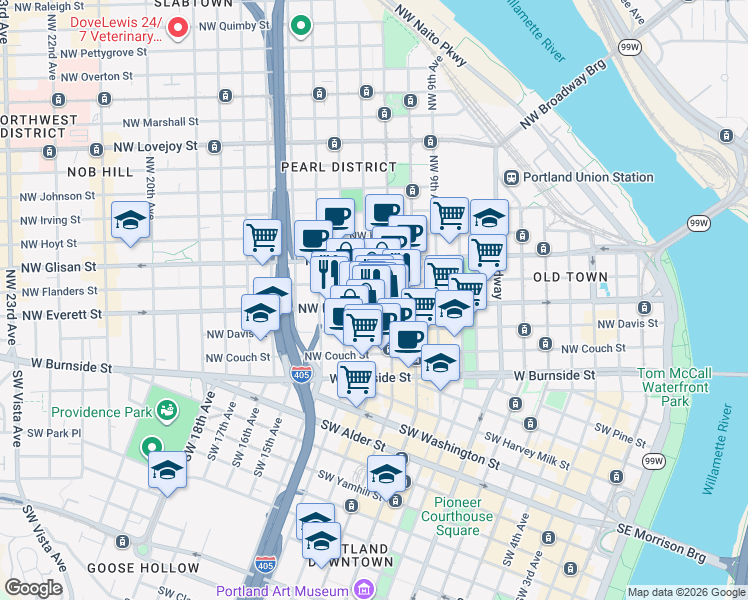 map of restaurants, bars, coffee shops, grocery stores, and more near 1200 Northwest Everett Street in Portland