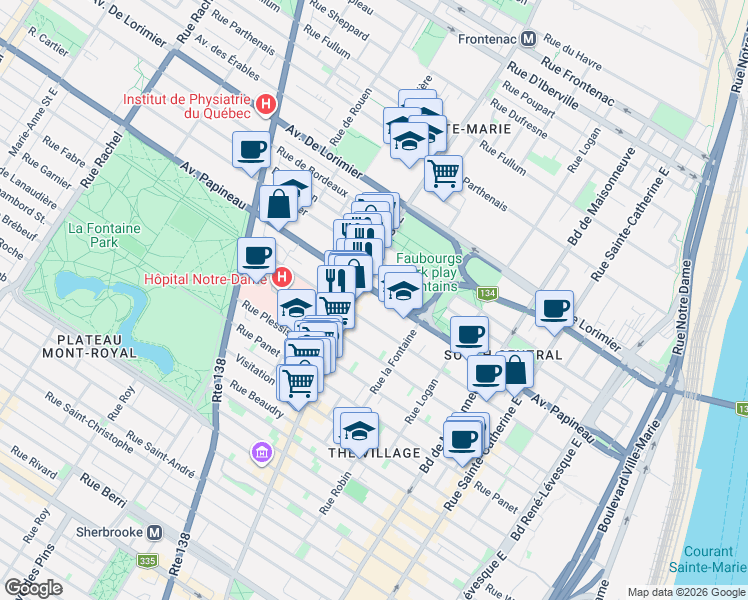map of restaurants, bars, coffee shops, grocery stores, and more near 1930 Avenue Papineau in Montréal