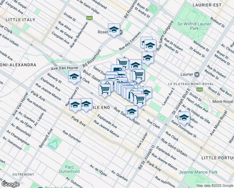 map of restaurants, bars, coffee shops, grocery stores, and more near 5430 Boulevard Saint-Laurent in Montréal