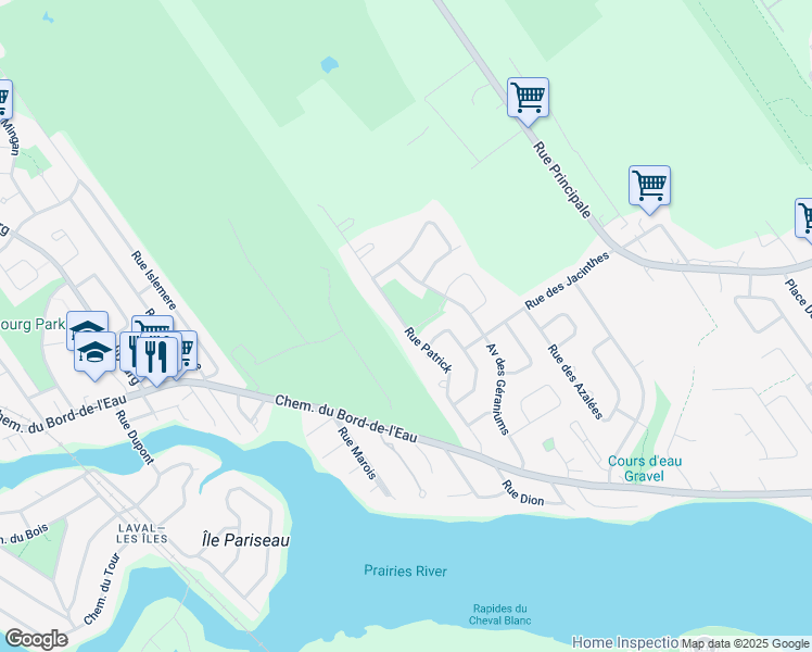 map of restaurants, bars, coffee shops, grocery stores, and more near Rue Patrick in Laval