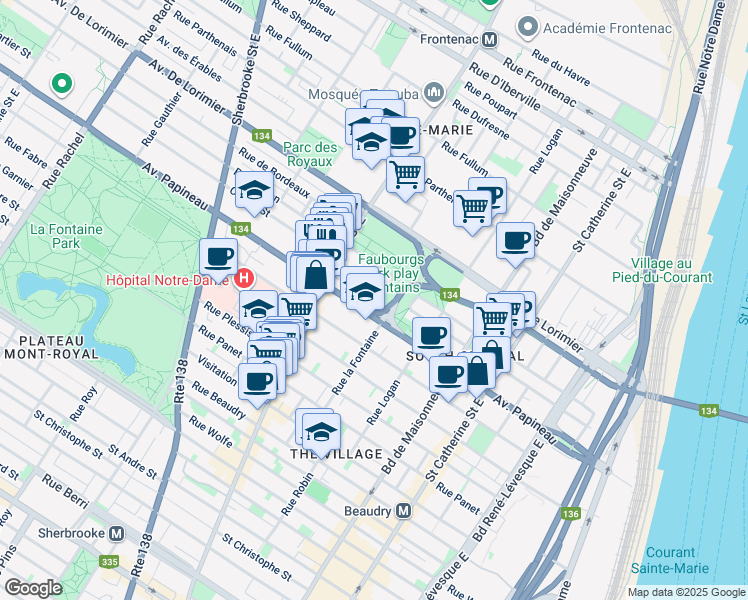 map of restaurants, bars, coffee shops, grocery stores, and more near 1821 Avenue Malo in Montréal