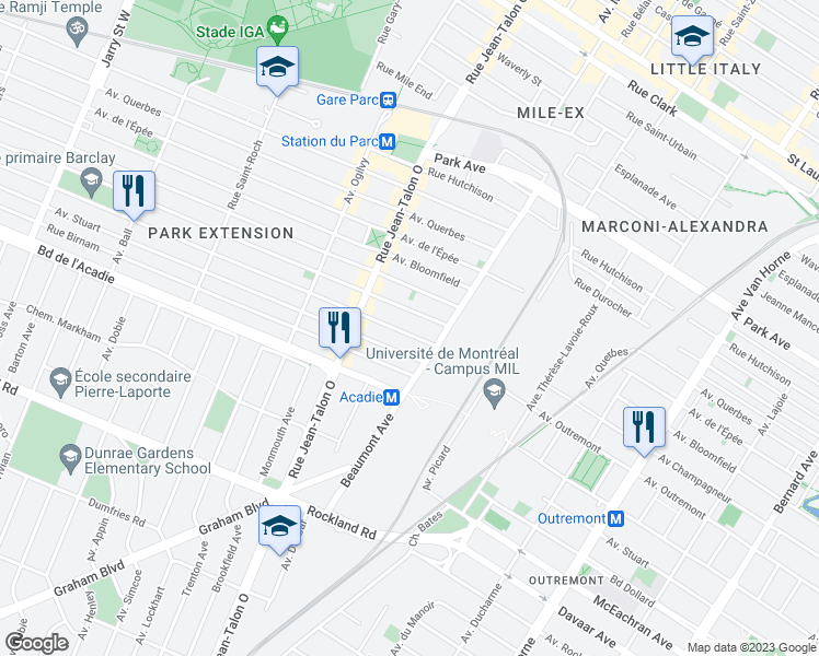 map of restaurants, bars, coffee shops, grocery stores, and more near 6955 Avenue Wiseman in Montréal