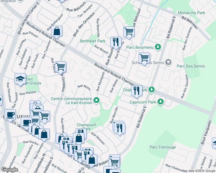 map of restaurants, bars, coffee shops, grocery stores, and more near 684 Rue Mondor in Longueuil