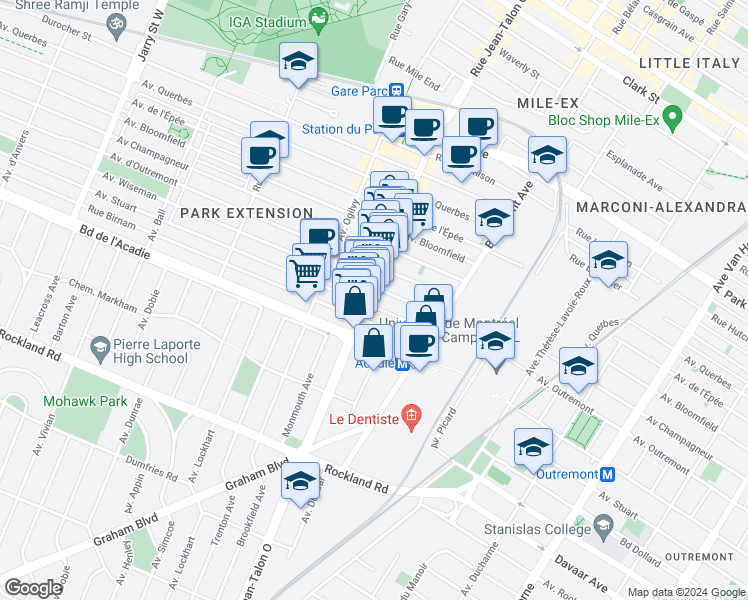 map of restaurants, bars, coffee shops, grocery stores, and more near 900 Rue Jean-Talon Ouest in Montréal