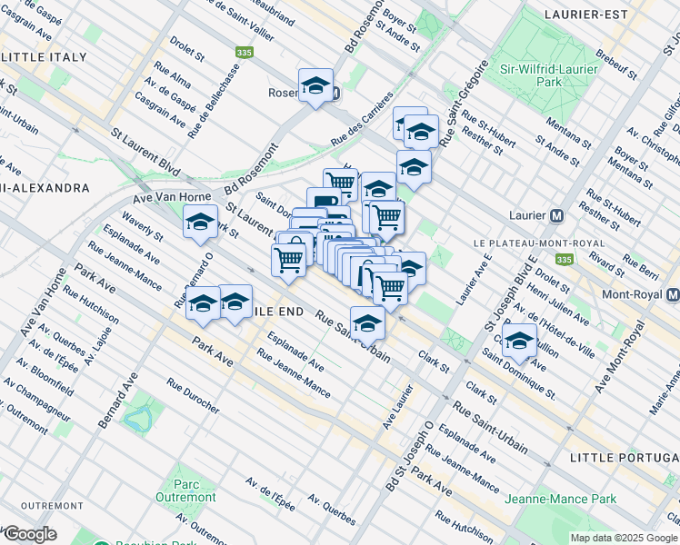 map of restaurants, bars, coffee shops, grocery stores, and more near 5413 Boulevard Saint-Laurent in Montréal