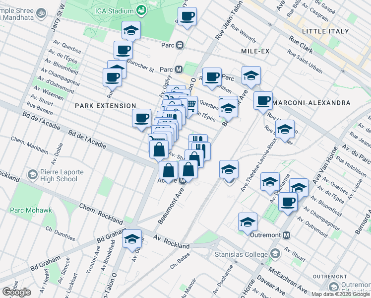 map of restaurants, bars, coffee shops, grocery stores, and more near Wiseman Avenue in Montreal