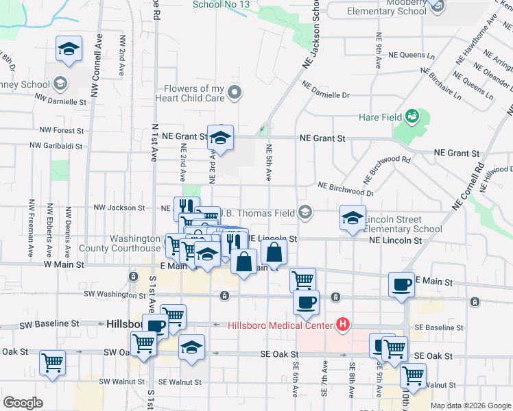 map of restaurants, bars, coffee shops, grocery stores, and more near 445 Northeast Jackson Street in Hillsboro