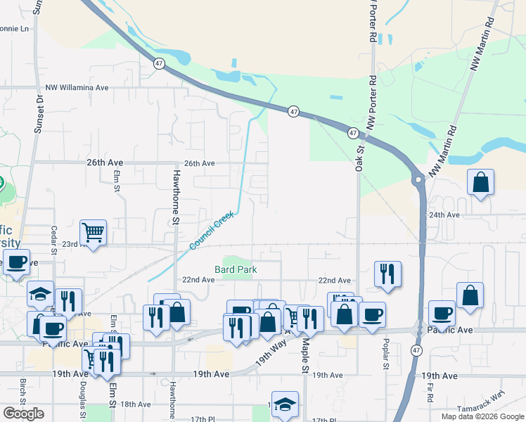 map of restaurants, bars, coffee shops, grocery stores, and more near 2366 Kingwood Street in Forest Grove
